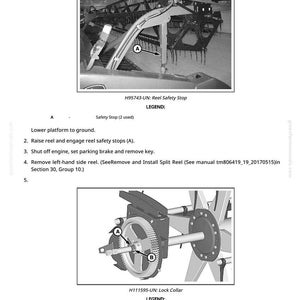 May include: Diagram illustrating the process to remove and install a split reel driveshaft. The image includes close-ups of mechanical components, labeled with letters and accompanied by text instructions. The text includes the part numbers H95743-UN and H111595-UN.