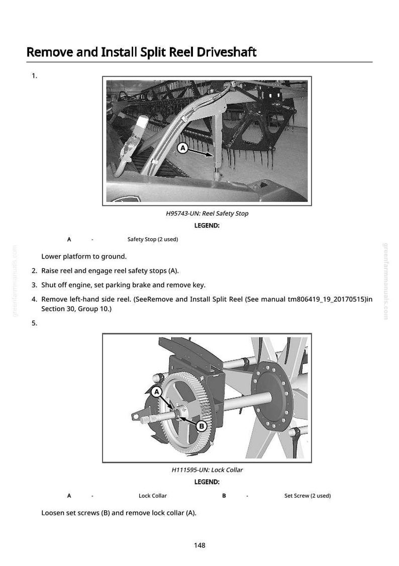 May include: Diagram illustrating the process to remove and install a split reel driveshaft. The image includes close-ups of mechanical components, labeled with letters and accompanied by text instructions. The text includes the part numbers H95743-UN and H111595-UN.