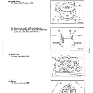 May include: Technical diagram illustrating the disassembly and assembly of a winch. The diagram includes detailed drawings of components such as the hook drum, oil seal, snap ring, valve seat, and flange, with numbered labels for each part.