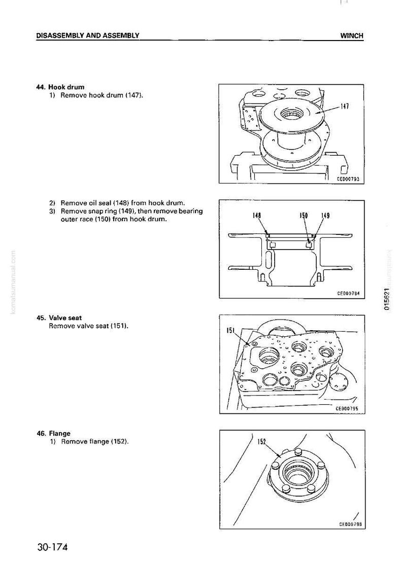 May include: Technical diagram illustrating the disassembly and assembly of a winch. The diagram includes detailed drawings of components such as the hook drum, oil seal, snap ring, valve seat, and flange, with numbered labels for each part.