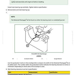 May include: Diagram of an engine component with a Plastigage gauge, used to measure bearing clearance. The image includes text instructions and a table with measurements in inches and millimeters.
