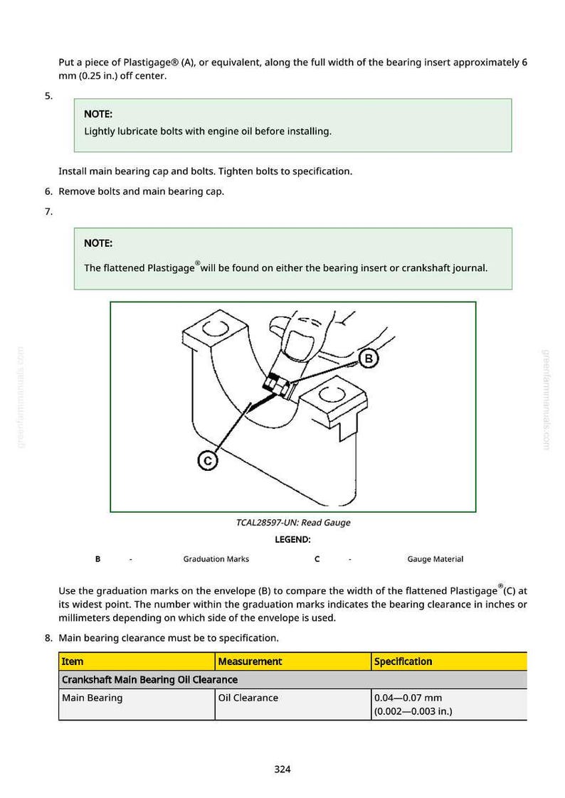 May include: Diagram of an engine component with a Plastigage gauge, used to measure bearing clearance. The image includes text instructions and a table with measurements in inches and millimeters.