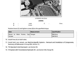 May include: Diagram of a strut assembly with labels A, B, and C. The image includes a table with torque specifications of 600 N-m or 440 lb-ft. Text includes instructions for installation and maintenance.