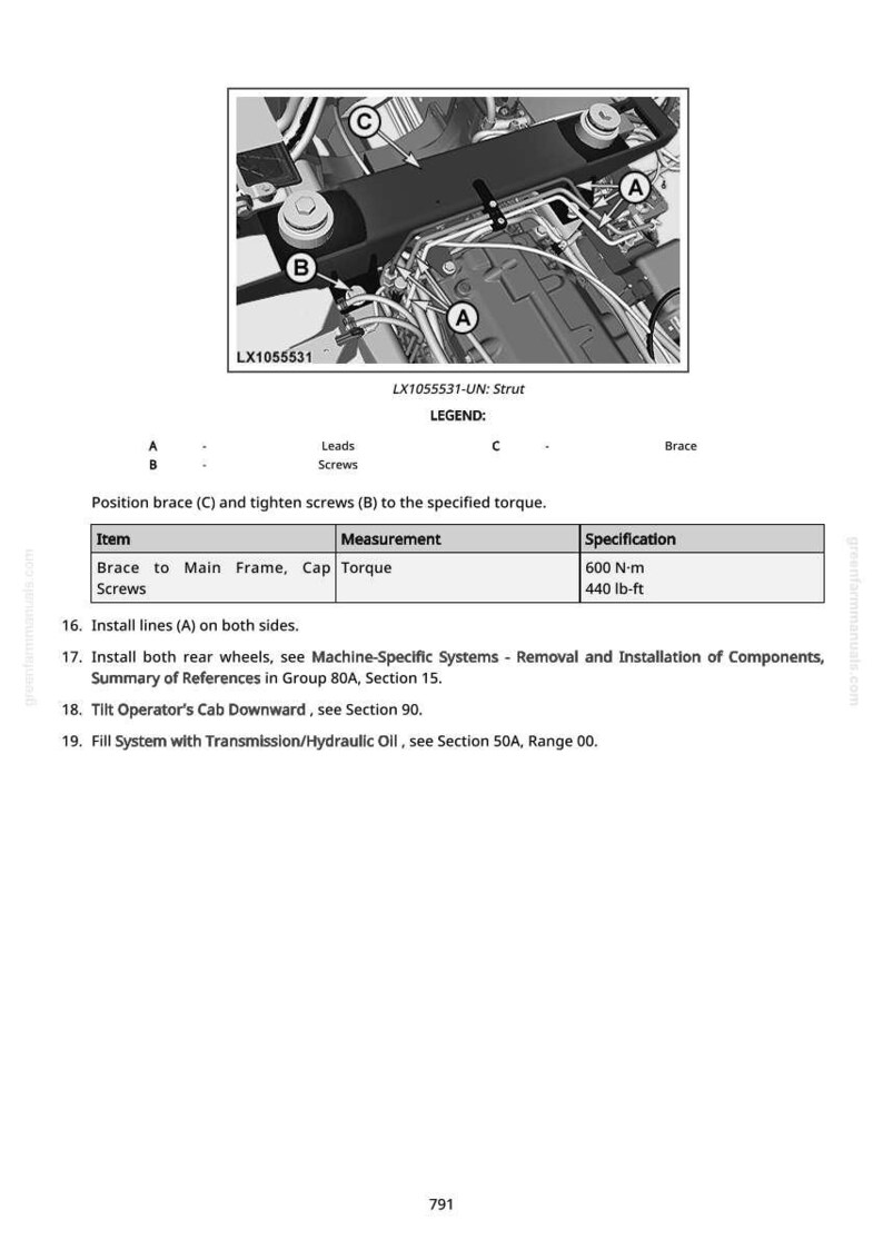 May include: Diagram of a strut assembly with labels A, B, and C. The image includes a table with torque specifications of 600 N-m or 440 lb-ft. Text includes instructions for installation and maintenance.