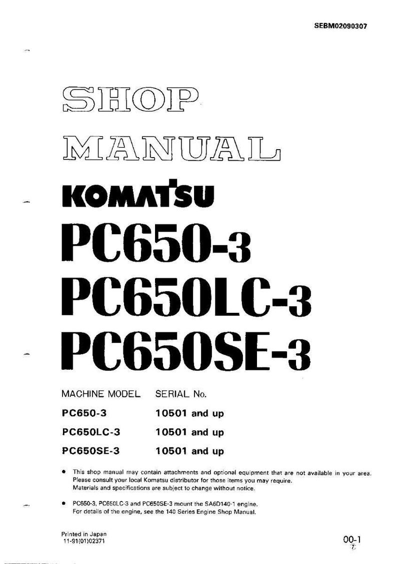 Pode incluir: Um manual de oficina branco com texto preto. A capa diz "SHOP MANUAL" acima do logotipo Komatsu e dos n&uacute;meros de modelo PC650-3, PC650LC-3 e PC650SE-3. O manual inclui informa&ccedil;&otilde;es sobre o modelo da m&aacute;quina e o n&uacute;mero de s&eacute;rie.