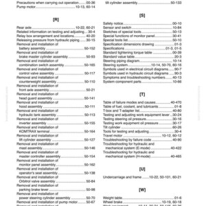 K&ouml;nnte beinhalten: Eine Manuellseite mit einem Index von Begriffen aus dem Maschinenbau, darunter "Servolenkzylinder", "Hinterachse" und "Kippzylinder". Der Text ist schwarz auf wei&szlig;em Hintergrund, mit Seitenzahlen und Abschnittsverweisen.