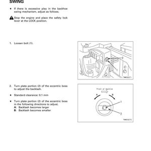 May include: Diagram illustrating the testing and adjusting of a backhoe swing mechanism. Includes instructions to loosen a bolt and turn a plate portion to adjust backlash. Standard clearance is 0.1 mm.