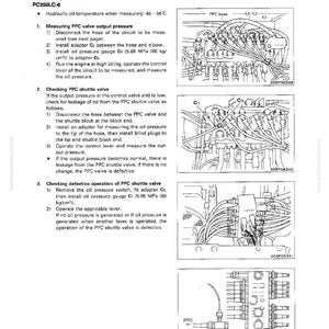 May include: Diagram of a PPC shuttle valve testing procedure. The image includes detailed illustrations of the valve components, along with text instructions for measuring output pressure and checking for leaks. The page is from a Komatsu manual.