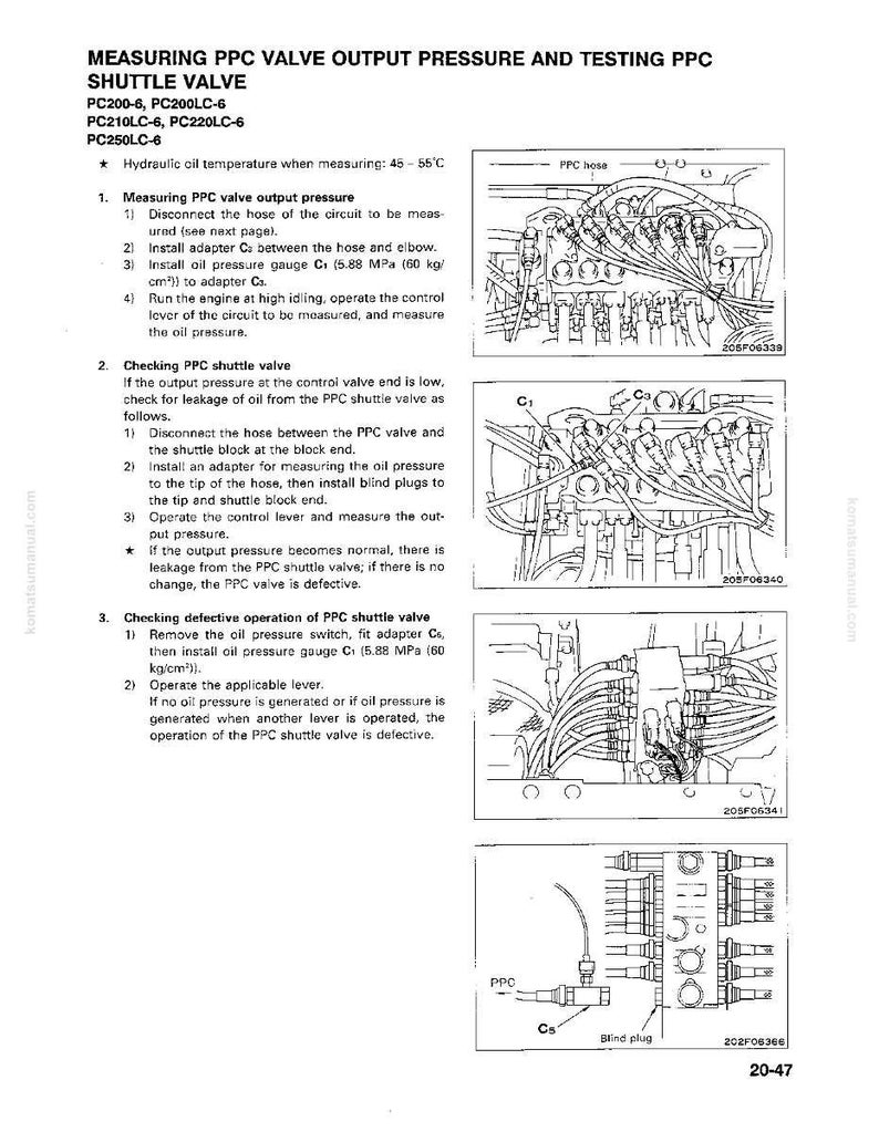 May include: Diagram of a PPC shuttle valve testing procedure. The image includes detailed illustrations of the valve components, along with text instructions for measuring output pressure and checking for leaks. The page is from a Komatsu manual.