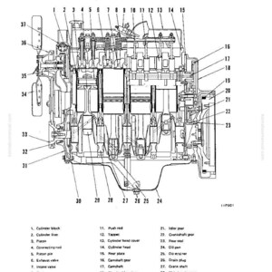 May include: Detailed diagram of an engine's general structure, labeled with numbers and names of components. The black and white illustration shows the internal workings of the engine, including the cylinder block, piston, and crankshaft.