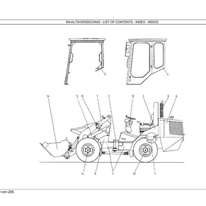 May include: Line drawing of a construction vehicle, including a front loader and cab components. The image is a technical diagram with labels and the text "INHALTSVERZEICHNIS - LIST OF CONTENTS - INDEX - INDICE" at the top.