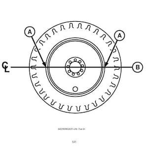 K&ouml;nnte beinhalten: Eine Schwarz-Wei&szlig;-Zeichnung eines Rades mit Pfeilen und Beschriftungen. Das Diagramm enth&auml;lt den Text "Toe-In" und die Nummer "531".