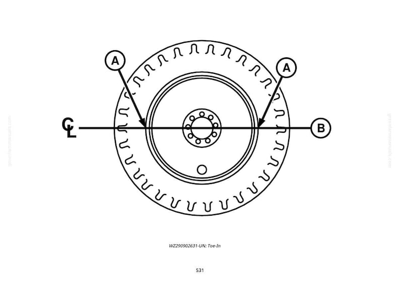 K&ouml;nnte beinhalten: Eine Schwarz-Wei&szlig;-Zeichnung eines Rades mit Pfeilen und Beschriftungen. Das Diagramm enth&auml;lt den Text "Toe-In" und die Nummer "531".