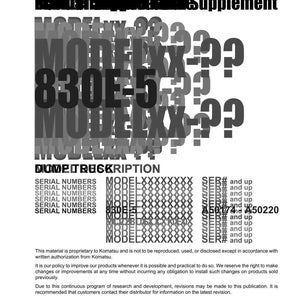 Puede incluir: Documento blanco con texto negro, incluyendo "Original Instructions Supplement" y "830E-5". El logotipo de Komatsu est&aacute; en la parte inferior. El texto incluye n&uacute;meros de serie y modelo.