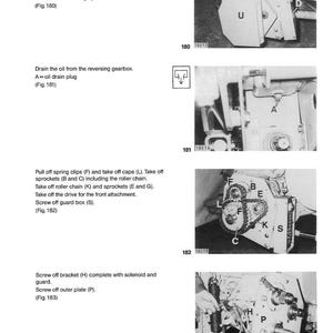 May include: Technical diagram with instructions for removing a reverse drive gearbox. The image shows close-up views of the gearbox components, including the guard, cover, and oil drain plug. Text and diagrams are included.