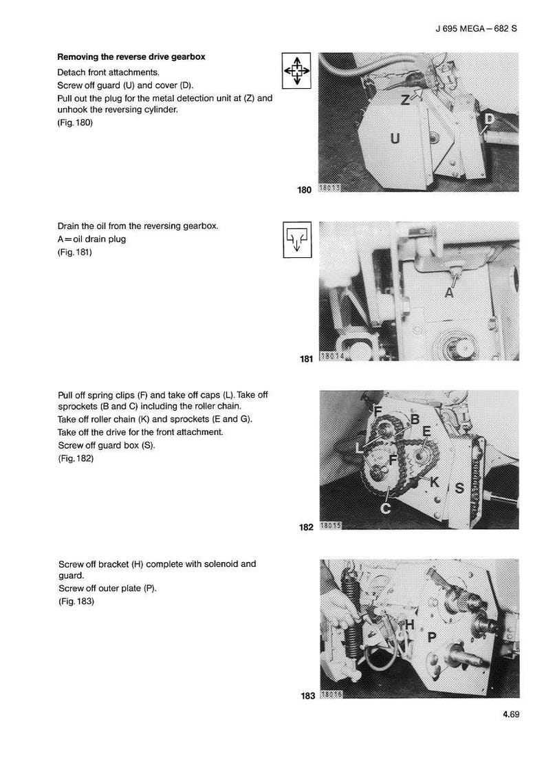 May include: Technical diagram with instructions for removing a reverse drive gearbox. The image shows close-up views of the gearbox components, including the guard, cover, and oil drain plug. Text and diagrams are included.