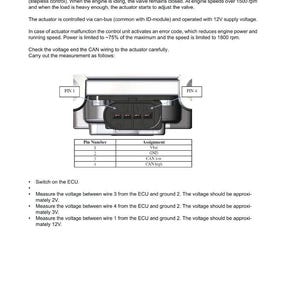 May include: Page from a manual detailing the actuator for an inlet and exhaust system. Includes a diagram of the actuator with pin numbers and assignments, along with instructions for voltage measurements. The text includes technical specifications and operational details.