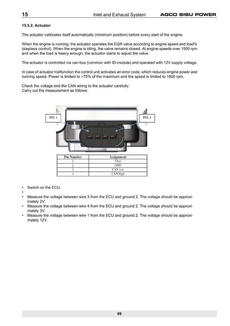 May include: Page from a manual detailing the actuator for an inlet and exhaust system. Includes a diagram of the actuator with pin numbers and assignments, along with instructions for voltage measurements. The text includes technical specifications and operational details.