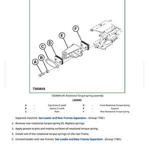 Pu&ograve; includere: Diagramma che illustra la rimozione e l'installazione di un gruppo molla di torsione rotazionale. L'immagine include componenti etichettati come viti a testa cilindrica, distanziatori e piastre, con una legenda che definisce ogni parte. Il testo in alto recita "Rimozione e installazione della molla di torsione rotazionale."