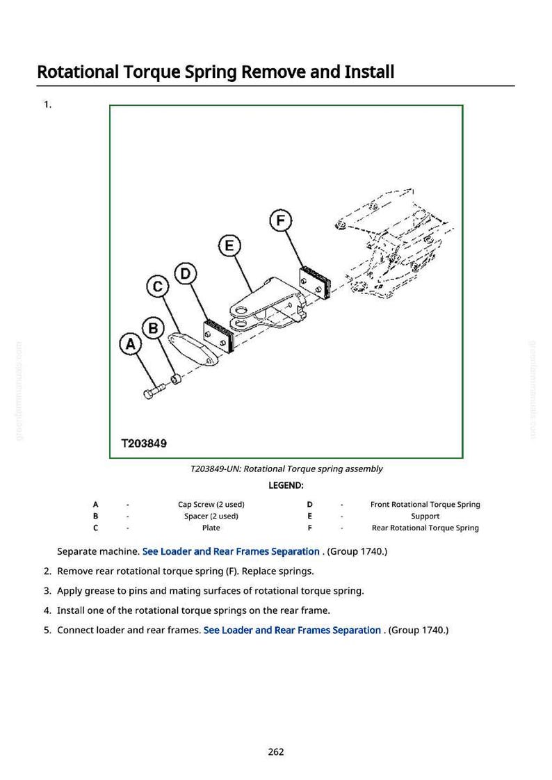 Pu&ograve; includere: Diagramma che illustra la rimozione e l'installazione di un gruppo molla di torsione rotazionale. L'immagine include componenti etichettati come viti a testa cilindrica, distanziatori e piastre, con una legenda che definisce ogni parte. Il testo in alto recita "Rimozione e installazione della molla di torsione rotazionale."