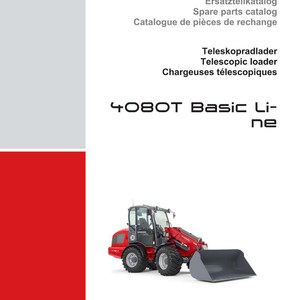Może przedstawiać: Czerwono-czarny ładowacz teleskopowy Weidemann 4080T Basic Line. Obraz zawiera tekst "Ersatzteilkatalog, Spare parts catalog, Catalogue de pi&egrave;ces de rechange, Teleskopradlader, Telescopic loader, Chargeuses t&eacute;lescopiques."