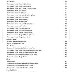 May include: A page from a manual detailing hydraulic system component removal and installation. The text lists various procedures, including removing and installing platform drive motors, pumps, and cylinders, with corresponding page numbers.
