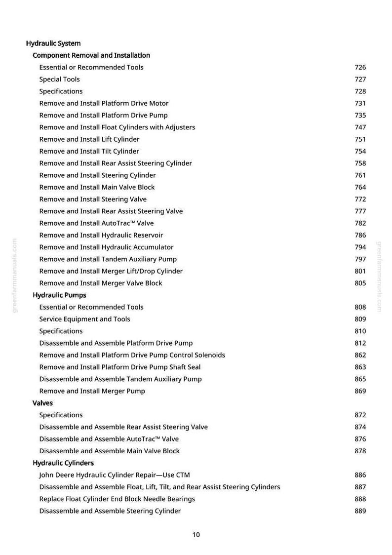 May include: A page from a manual detailing hydraulic system component removal and installation. The text lists various procedures, including removing and installing platform drive motors, pumps, and cylinders, with corresponding page numbers.