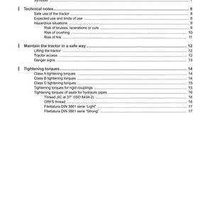 May include: A white document with the title "CONTENTS" and the Argo Tractors logo. The document lists various sections, including "Introduction," "Technical notes," and "Tightening torques." The document is a manual for a tractor.