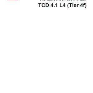 Op de afbeelding: Wit document met het DEUTZ-logo en de tekst "Workshop Service Manual TCD 4.1 L4 (Tier 4f)". Het document bevat een disclaimer over wijzigingen en reproductierechten, samen met een productcode en taal-ID.