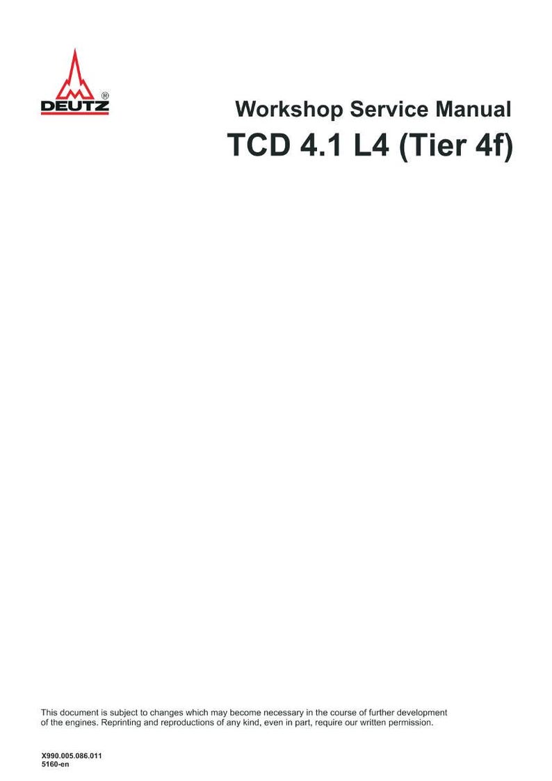 Op de afbeelding: Wit document met het DEUTZ-logo en de tekst "Workshop Service Manual TCD 4.1 L4 (Tier 4f)". Het document bevat een disclaimer over wijzigingen en reproductierechten, samen met een productcode en taal-ID.