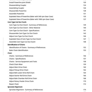 May include: A page from a manual with a white background, featuring a detailed table of contents. The text lists various mechanical components and procedures, including powerline specifications, clutch adjustments, and chain identification.
