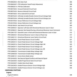 May include: A manual page detailing tractor fault codes and observable symptoms. The codes cover transmission, clutch, and sensor issues, alongside engine, fuel, air, and electrical problems.