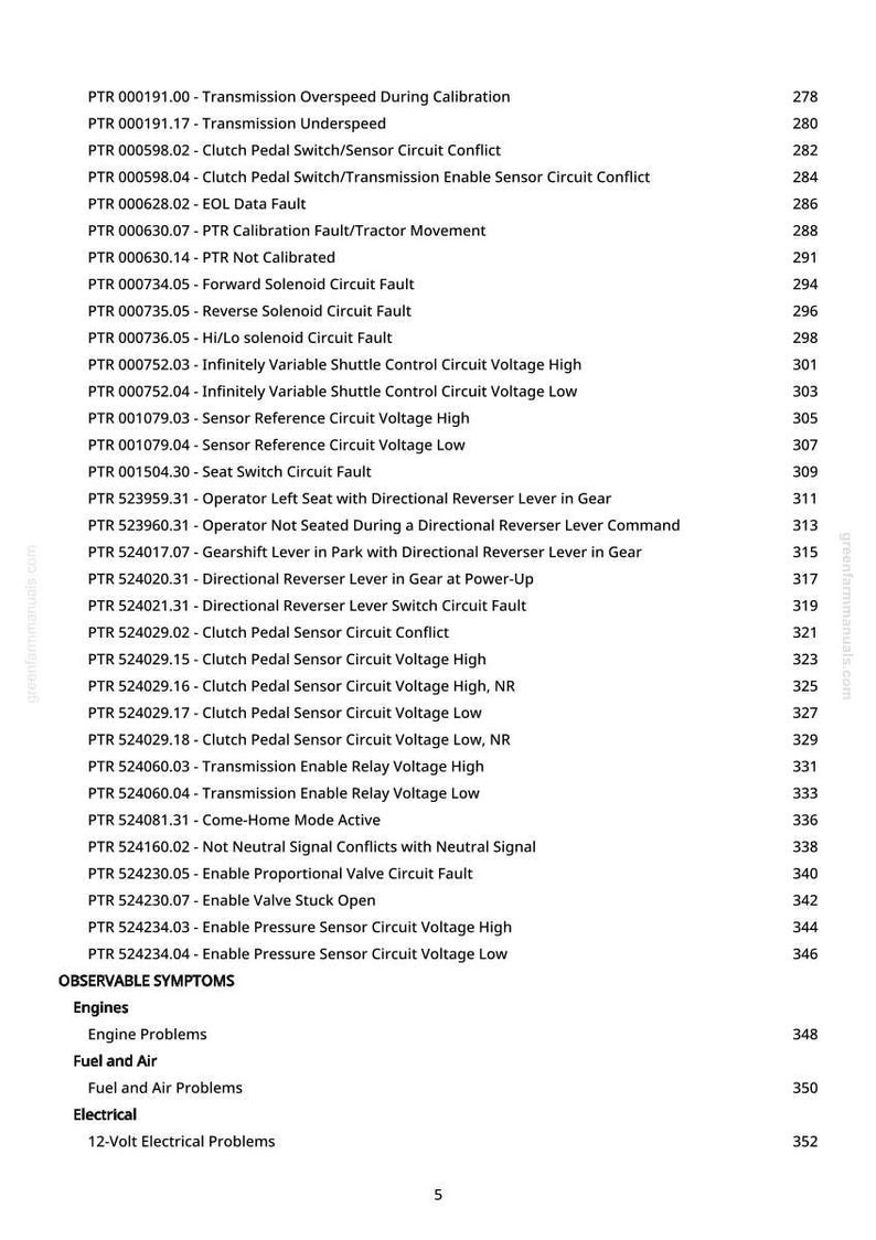 May include: A manual page detailing tractor fault codes and observable symptoms. The codes cover transmission, clutch, and sensor issues, alongside engine, fuel, air, and electrical problems.