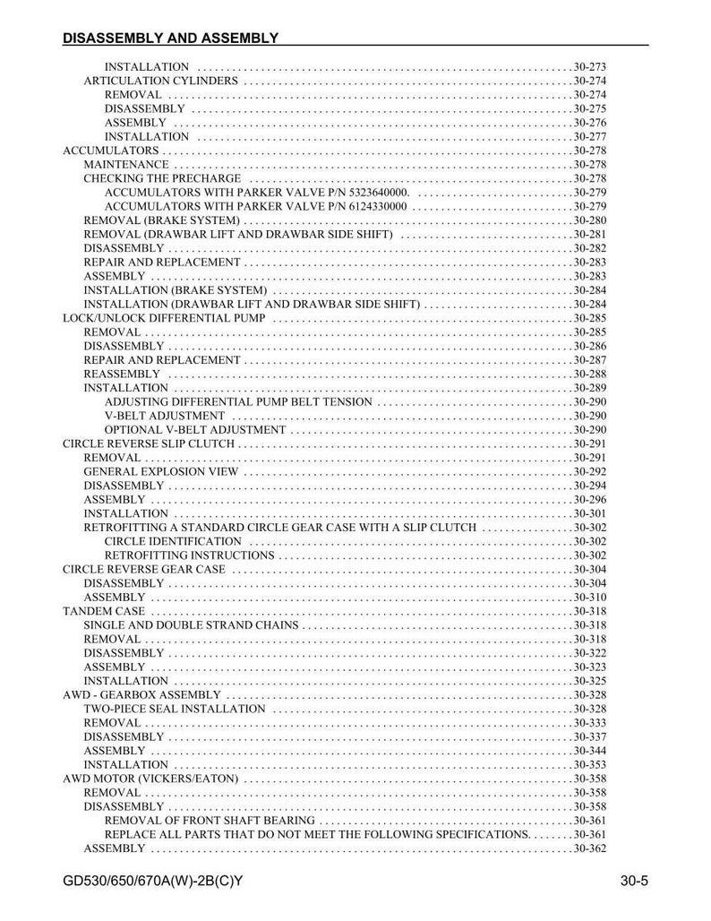 May include: A detailed technical document titled "Disassembly and Assembly" with a table of contents. The document lists procedures like installation, removal, and assembly of various mechanical components, including accumulators and gearboxes.
