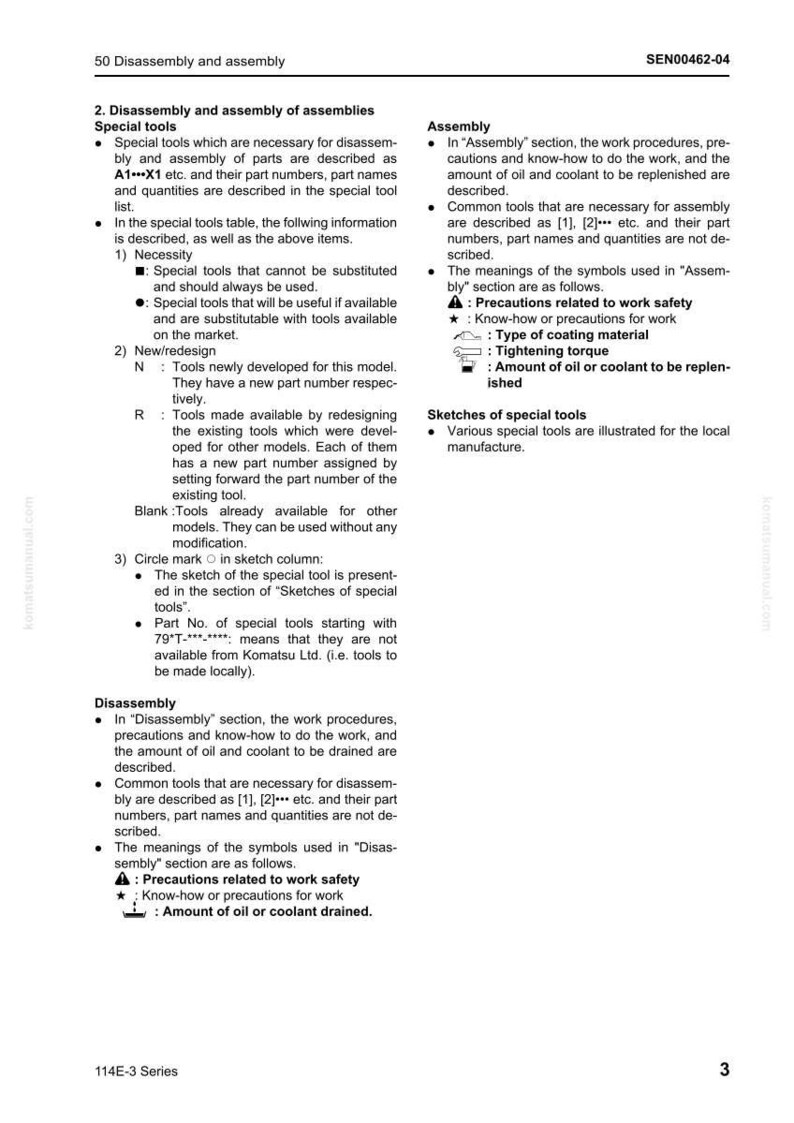 Peut inclure: Une page de manuel d&eacute;taillant les proc&eacute;dures de d&eacute;montage et d'assemblage, y compris les outils sp&eacute;ciaux et les symboles. Le texte est en noir, avec des titres et des puces. La page comprend des sch&eacute;mas et des explications.