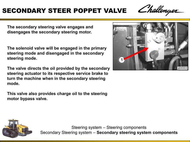 May include: Diagram of a secondary steer poppet valve with the Challenger logo. The image includes a close-up of the valve assembly with a red arrow pointing to a component. Text describes the valve's function in the steering system.