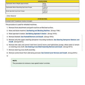 May include: A page from a manual detailing the removal and installation of a hydrostatic motor and park brake. Includes specifications for weight and torque, and a step-by-step procedure for wheeled machines. The text is in black on a white background.