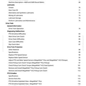 Op de afbeelding: Een pagina uit een handleiding met een inhoudsopgave. De tekst bevat onderwerpen als "Smeermiddelen", "Aandrijflijn" en "PTO-aandrijving". Het paginanummer "3" is onderaan zichtbaar.