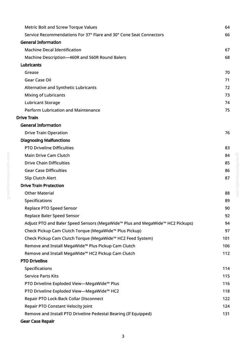 Op de afbeelding: Een pagina uit een handleiding met een inhoudsopgave. De tekst bevat onderwerpen als "Smeermiddelen", "Aandrijflijn" en "PTO-aandrijving". Het paginanummer "3" is onderaan zichtbaar.