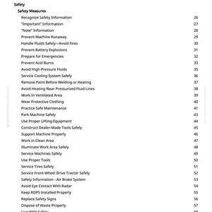 Może przedstawiać: Strona z instrukcji zatytułowana "Spis treści" z listą środk&oacute;w bezpieczeństwa i og&oacute;lnych informacji. Tekst jest czarny na białym tle, z numerami stron po prawej stronie.