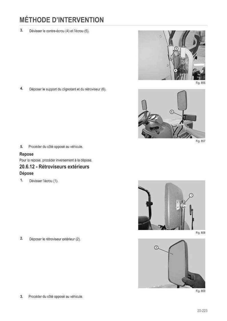 May include: Diagram of a vehicle's exterior mirror removal process. The image includes close-up views of the components, with numbered labels and text instructions in French. The steps involve removing nuts and supports.
