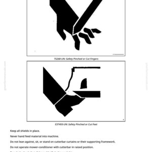 May include: A safety manual page with black and white illustrations. The top image shows a hand being cut by a blade, labeled "Safety Pinched or Cut Fingers." The bottom image depicts a foot being cut, labeled "Safety Pinched or Cut Feet."