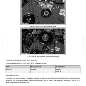 K&ouml;nnte beinhalten: Diagramm zum Ersetzen des Antriebsriemenspanners. Das Bild zeigt Nahaufnahmen von Motorkomponenten, einschlie&szlig;lich Schrauben und einer Spannrolle. Der Text enth&auml;lt Anweisungen und Spezifikationen, einschlie&szlig;lich eines Drehmoments von 50 Nm.