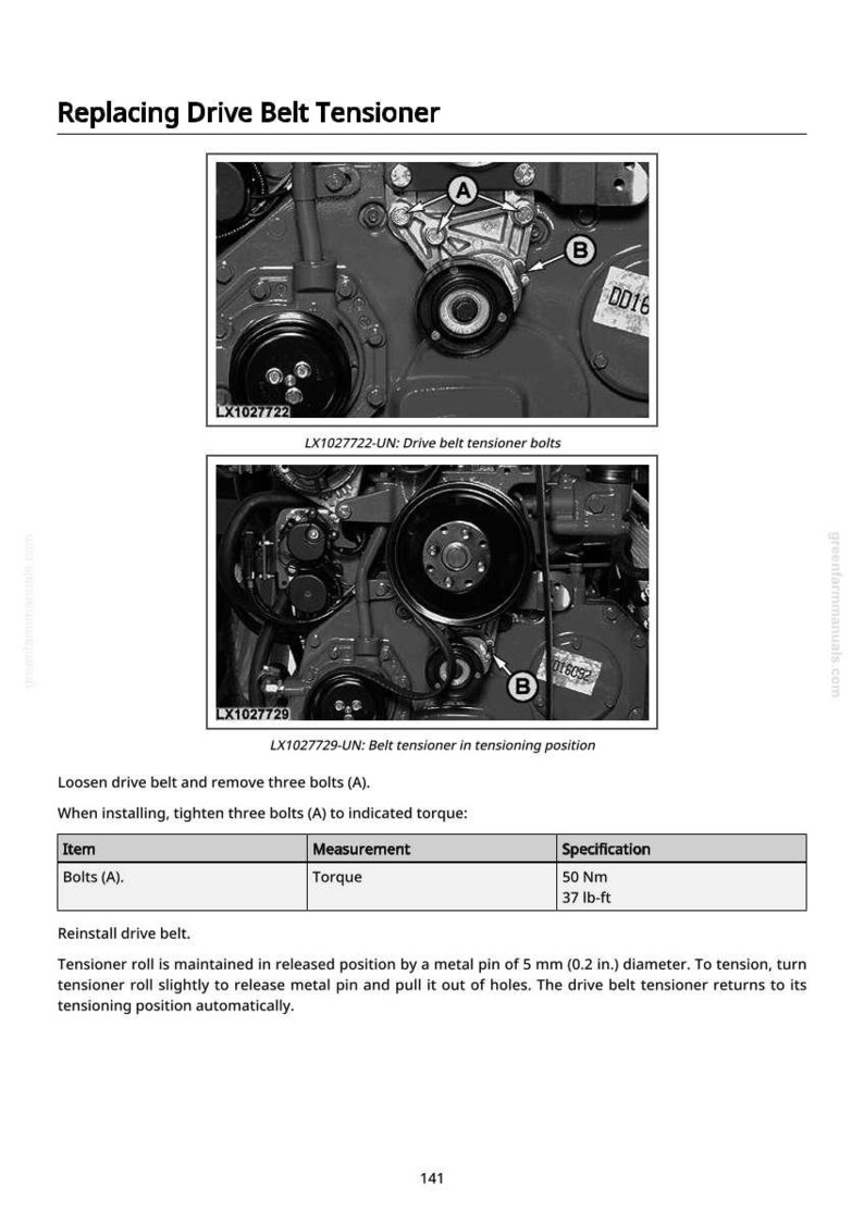 K&ouml;nnte beinhalten: Diagramm zum Ersetzen des Antriebsriemenspanners. Das Bild zeigt Nahaufnahmen von Motorkomponenten, einschlie&szlig;lich Schrauben und einer Spannrolle. Der Text enth&auml;lt Anweisungen und Spezifikationen, einschlie&szlig;lich eines Drehmoments von 50 Nm.