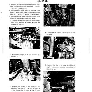 May include: A black and white technical manual page detailing transmission removal. The page includes diagrams and numbered instructions for removing parts like pipes, flanges, and oil filters. The text includes the word "REMOVAL" and the page number "05-15".