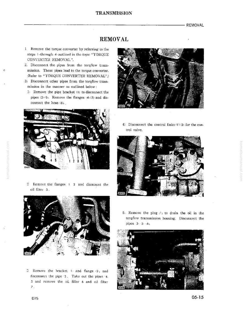 May include: A black and white technical manual page detailing transmission removal. The page includes diagrams and numbered instructions for removing parts like pipes, flanges, and oil filters. The text includes the word "REMOVAL" and the page number "05-15".