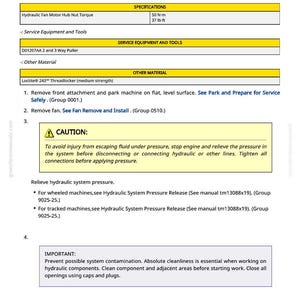 May include: A page from a manual detailing the installation of a hydraulic fan motor. The text includes specifications for torque, service equipment, and safety warnings. The page also includes a caution about escaping fluid under pressure.