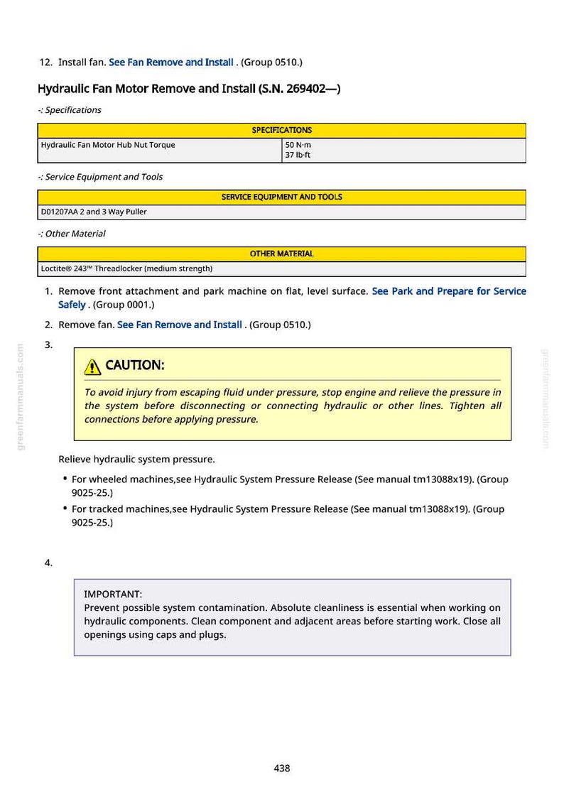 May include: A page from a manual detailing the installation of a hydraulic fan motor. The text includes specifications for torque, service equipment, and safety warnings. The page also includes a caution about escaping fluid under pressure.