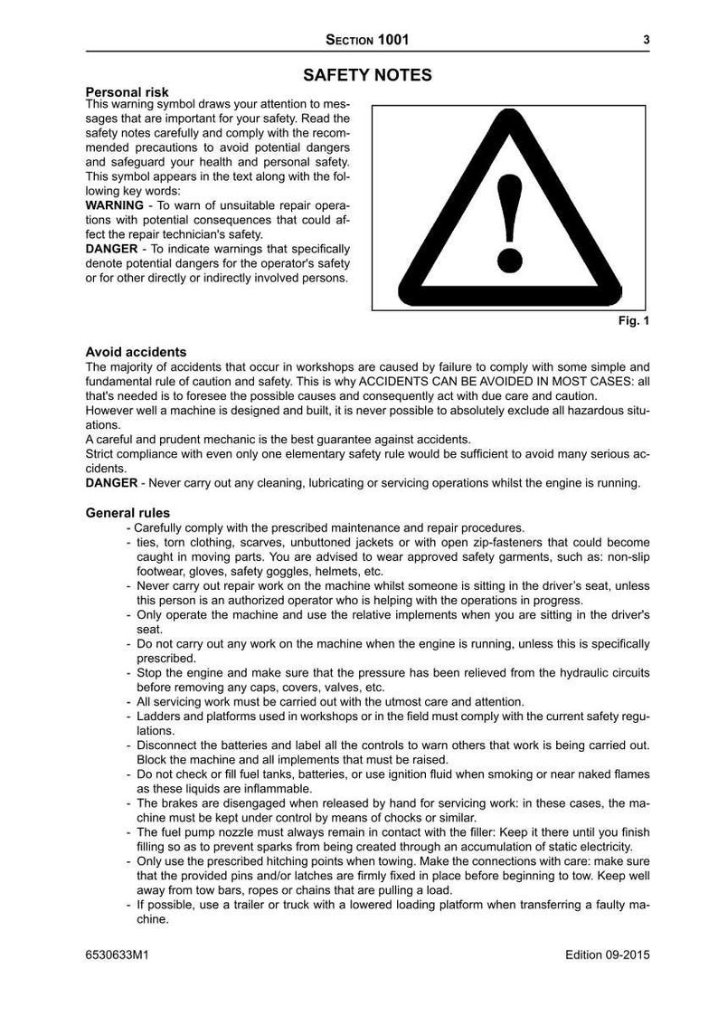 May include: A safety information page with the title "SAFETY NOTES" and a warning symbol inside a triangle. The page provides safety instructions and precautions for machinery maintenance and repair, including general rules and warnings.