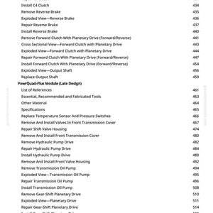 May include: A white page with a list of automotive repair procedures, including clutch, brake, and transmission components. The list includes terms like "Exploded View," "Repair," and "Install." The page also lists references and specifications.